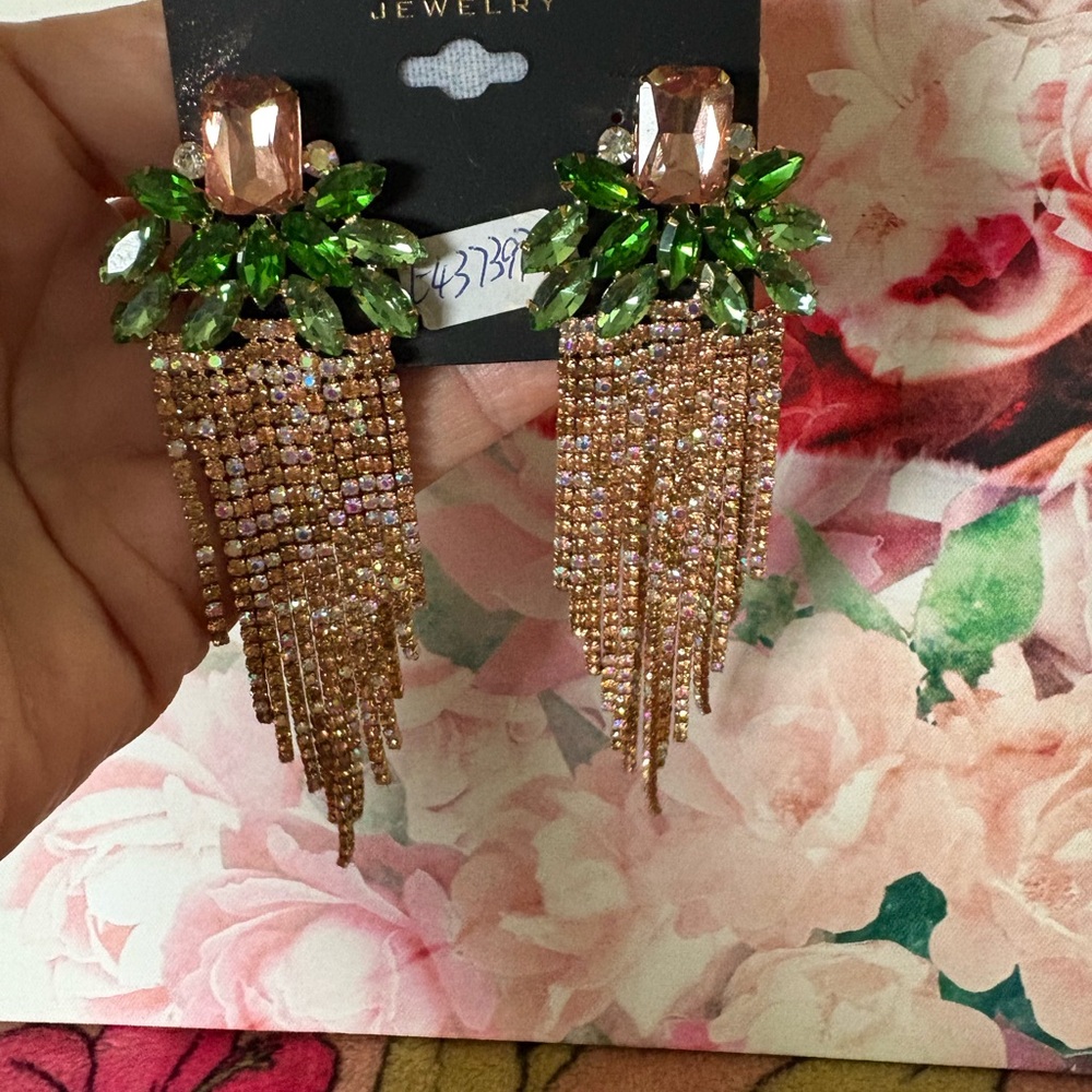 nOir Jewelry Gold Earrings with Green, Pink, Multi Stones